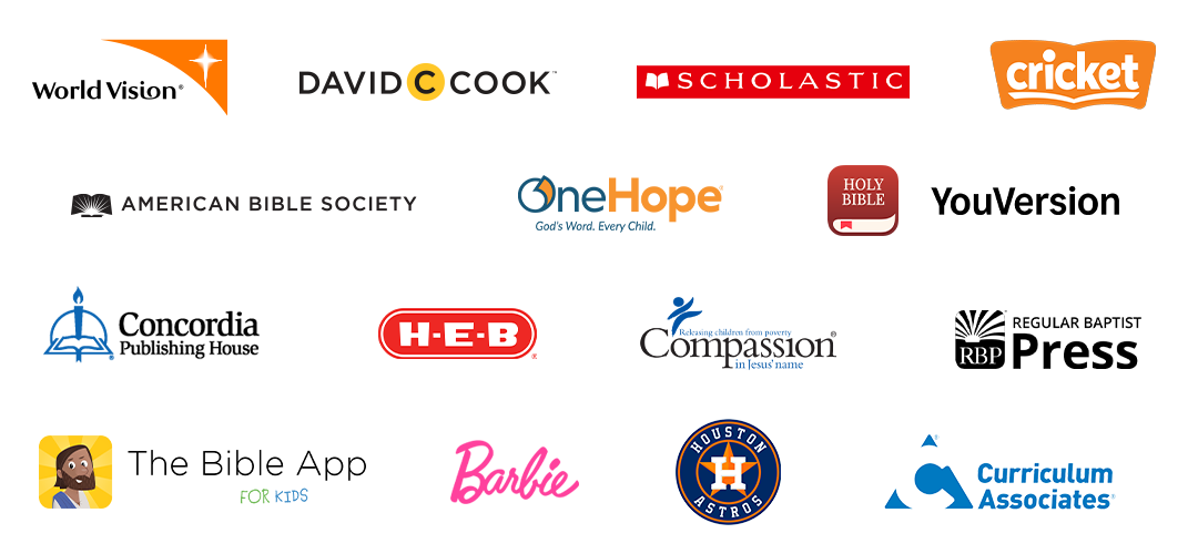 ian_dale_clients_brands_2025 Clients include: World Vision, David C Cook, Scholastic, Cricket Media, American Bible Society, OneHope, YouVersion, Concordia Publishing House, H-E-B, Compassion International, Regular Baptist Press, The Bible App for Kids, Barbie, Houston Astros, Curriculum Associates